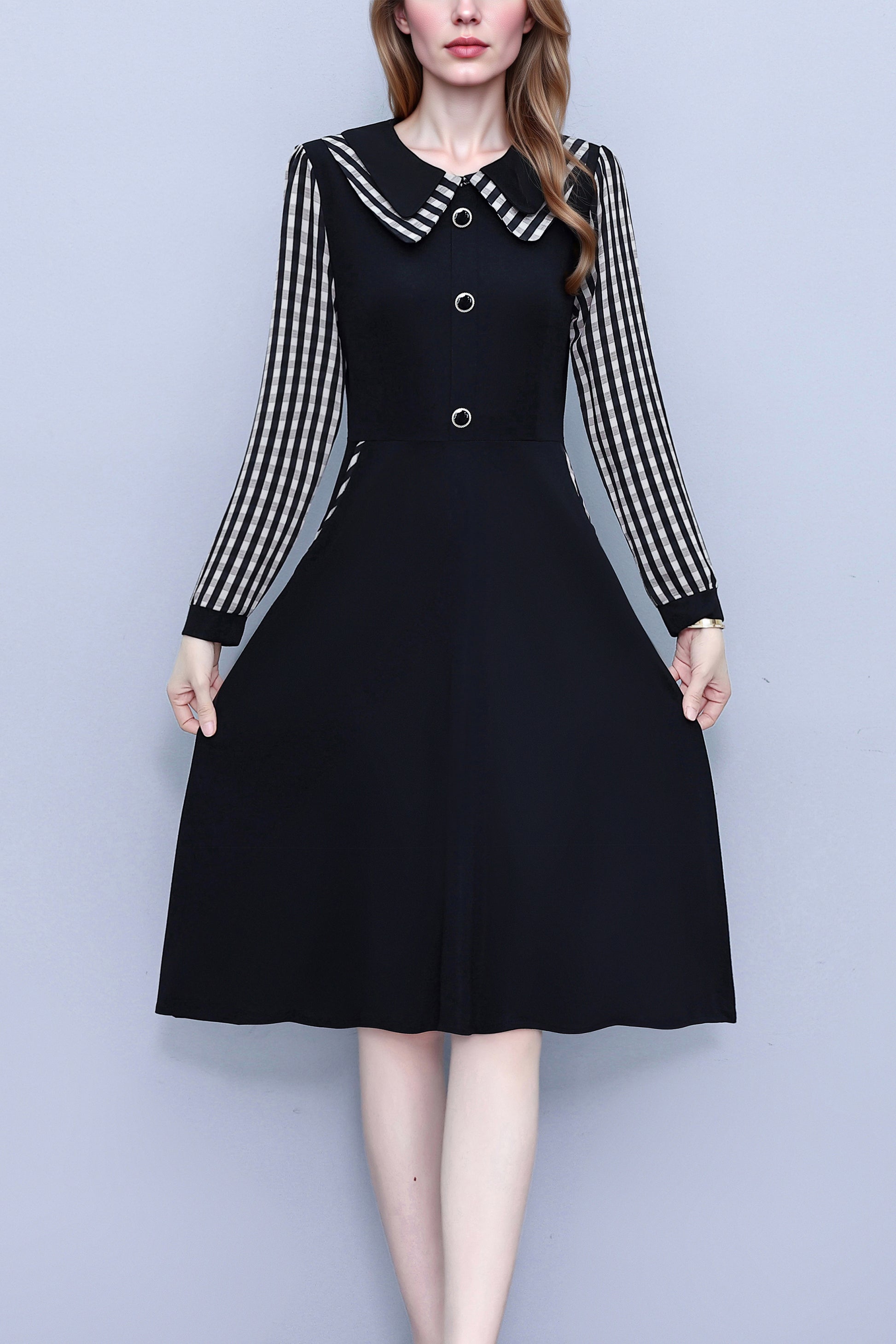 Women's Peter Pan Collar Long Sleeve Black Dress with Pocket - LAI MENG FIVE CATS