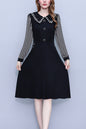 Women's Peter Pan Collar Long Sleeve Black Dress with Pocket - LAI MENG FIVE CATS