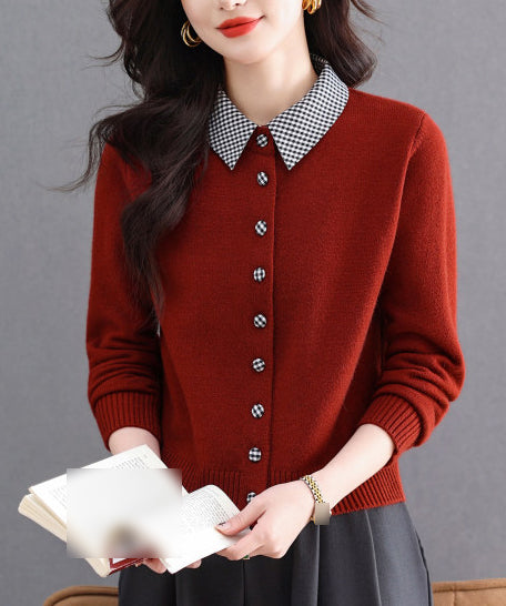 Contrast Gingham Collar Knit Cardigan – Vintage Button Sweater Top