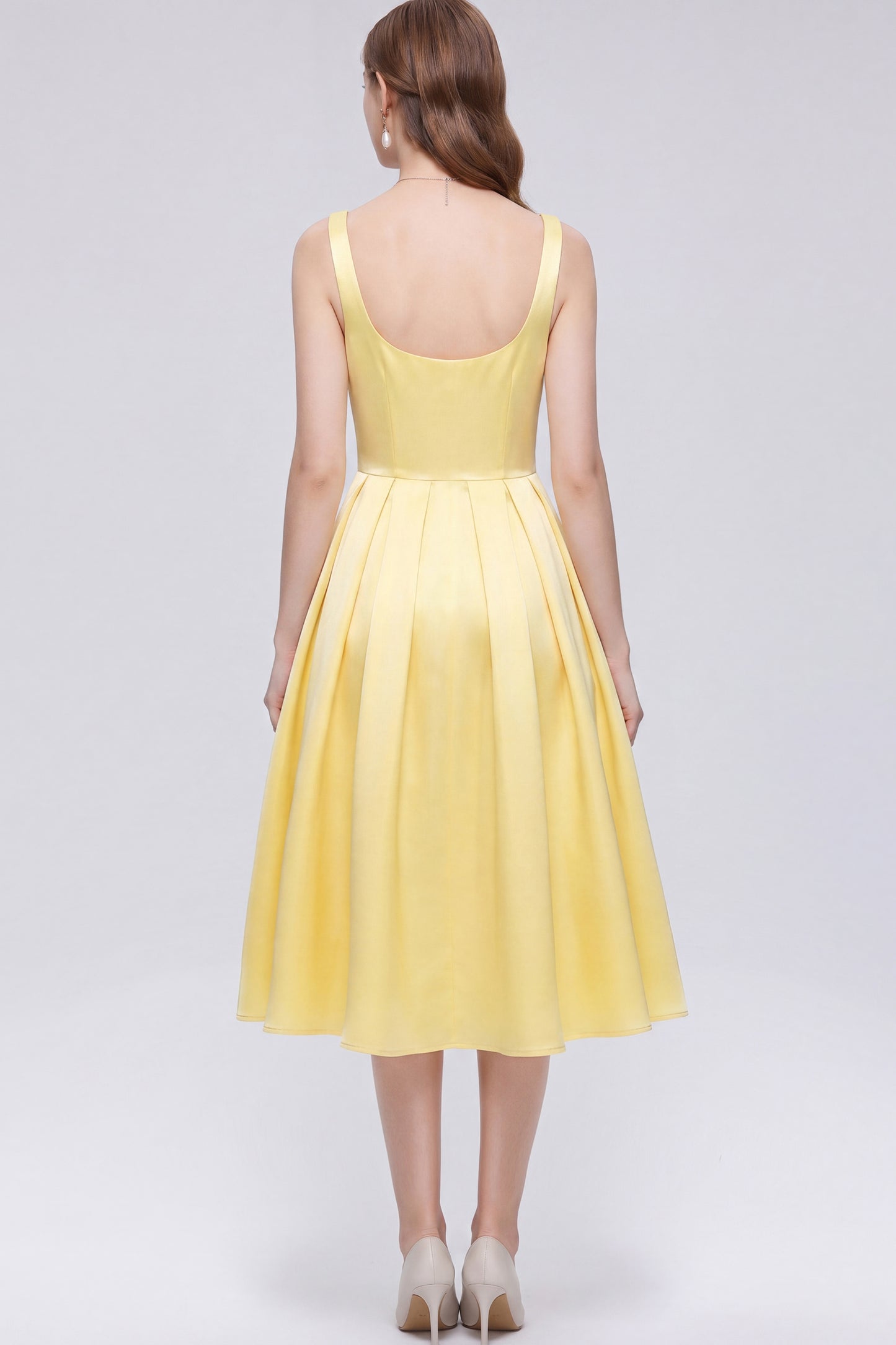 Elegant Yellow Satin Bow Sleeveless Strappy A-Line Party Midi Dress