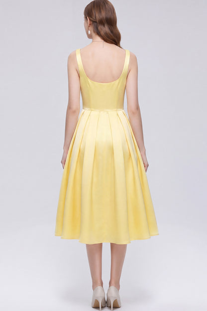 Elegant Yellow Satin Bow Sleeveless Strappy A-Line Party Midi Dress