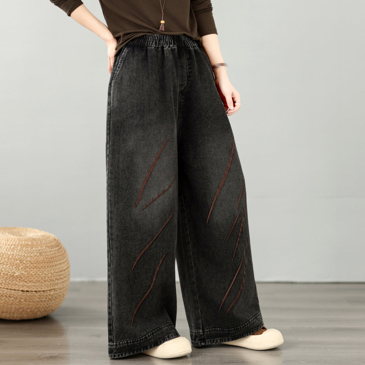 28668-Vintage Denim Wide-Leg Pants with Embroidery &Elastic Waist