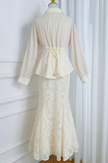 Lace Pearl Top Fishtail Skirt Two-Piece Lace Maxi Set - LAI MENG FIVE CATS