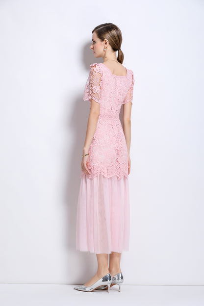 Elegant Feminine Pink Square Collar Lace&Mesh Midi Dress