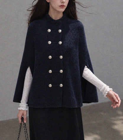 28695-Women's Knit Cape Coat – Navy & Camel
