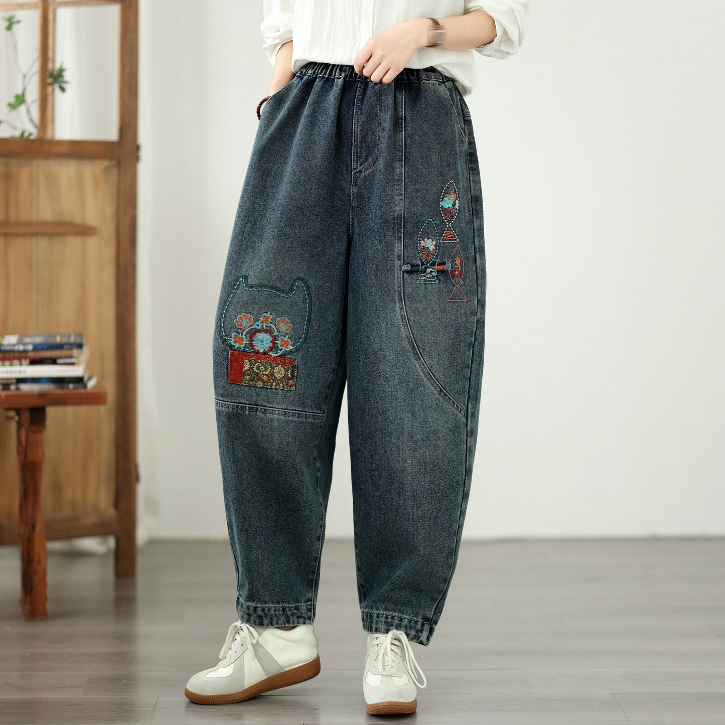 Vintage Embroidered Denim Harem Pants Ethnic Loose Fit Boyfriend Jeans