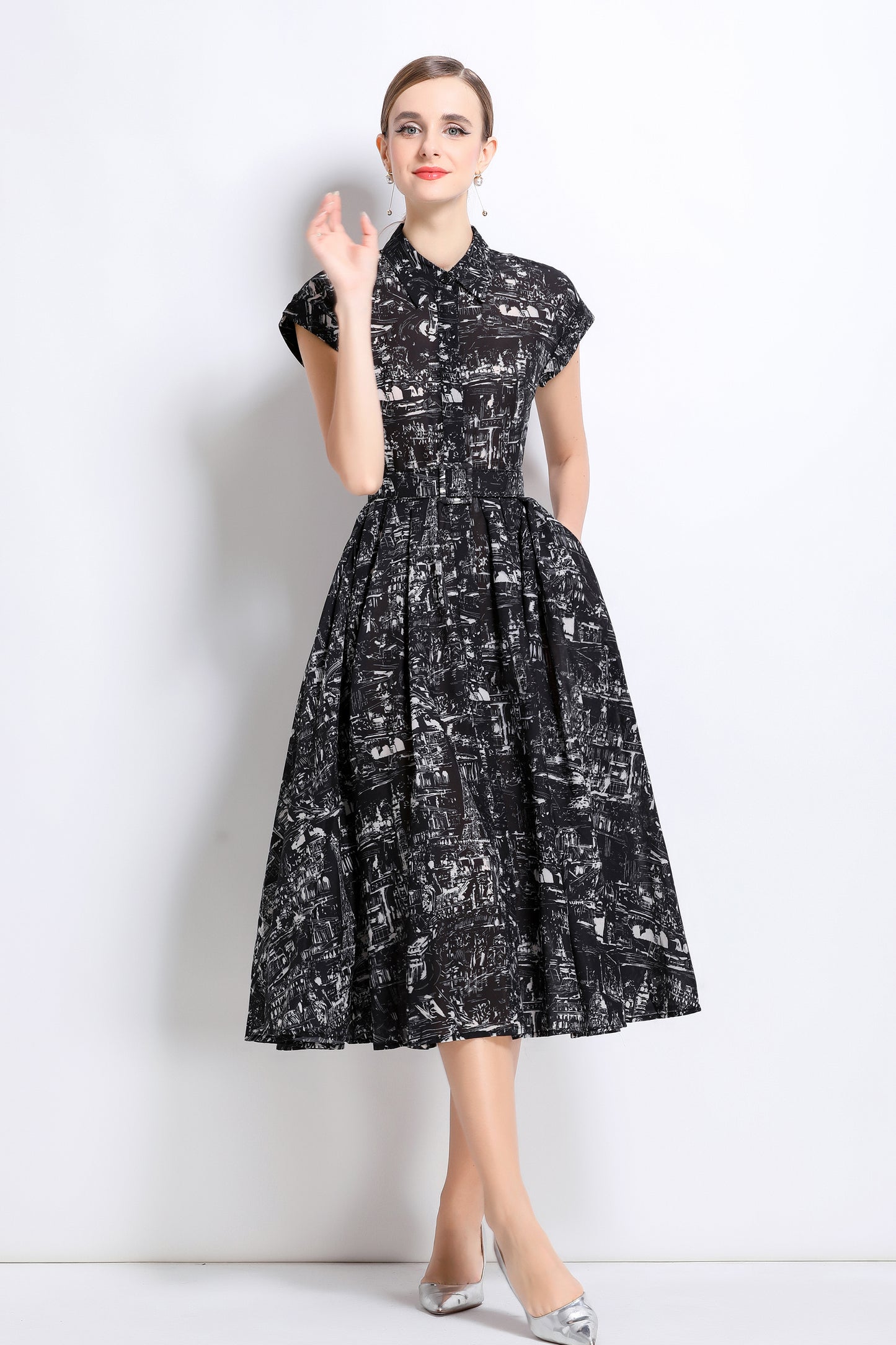 Women's Short Sleeves Collar Printed Buttons Midi Dress
