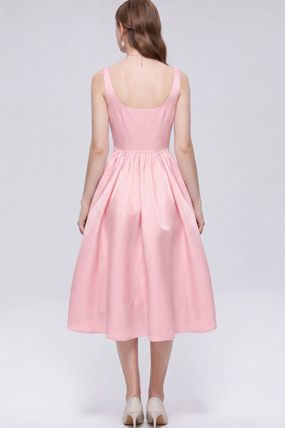Elegant Pink Satin Bow Sleeveless Strappy A-Line Party Midi Dress