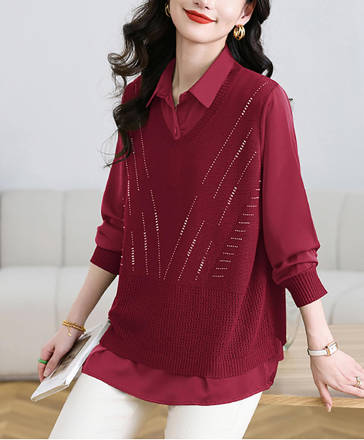 Women's 2-in-1 Layered Knit Vest Top — Shirt Collar with Dotted Trim