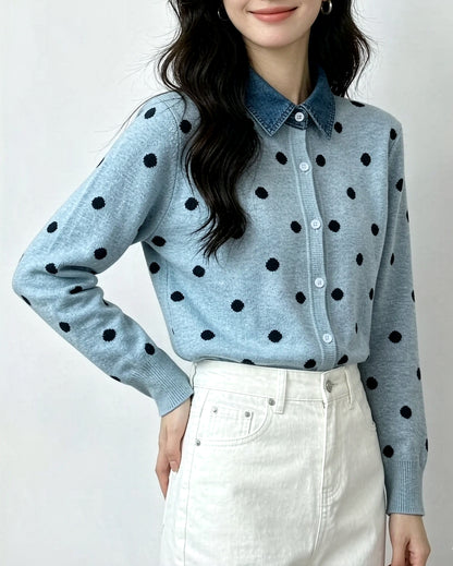 Polka Dot Knit Cardigan with Denim Collar