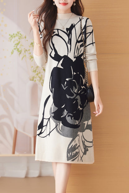 Women's Turtleneck Print Pullover Sweater Midi Dress