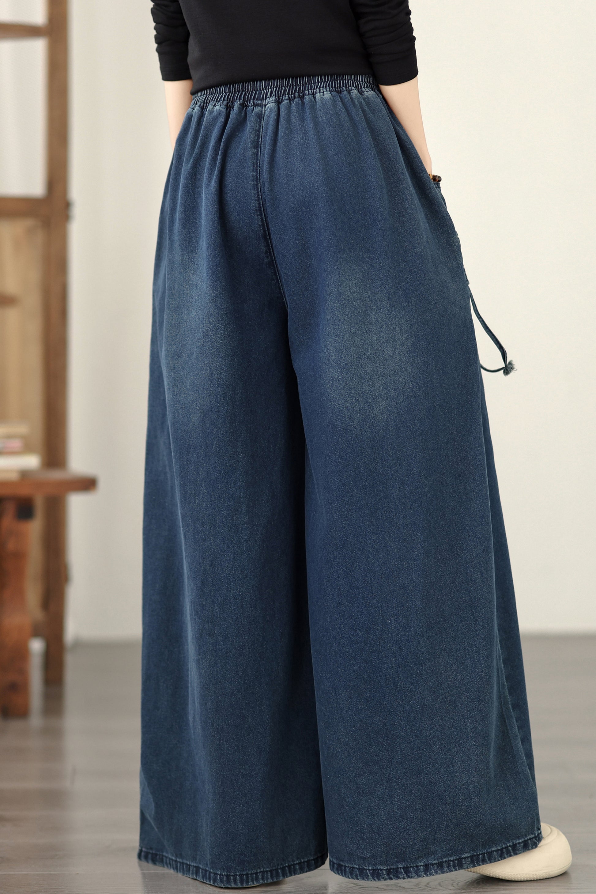 Jeans for Women Wide Leg Pull On Elastic Waist Denim - LAI MENG FIVE CATS