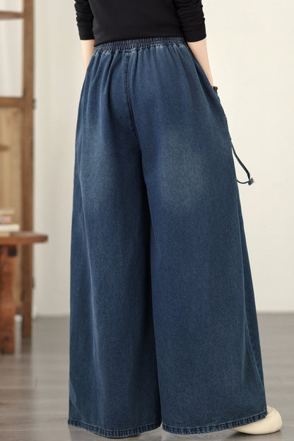 Jeans for Women Wide Leg Pull On Elastic Waist Denim - LAI MENG FIVE CATS