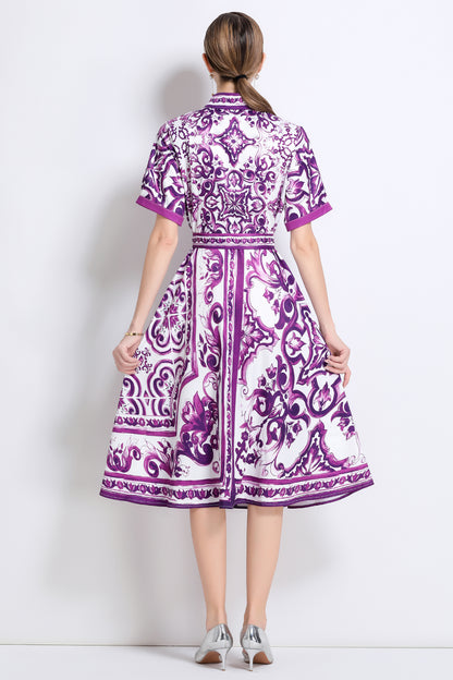 Women's Short Sleeve Button Floral Print  Midi Dress