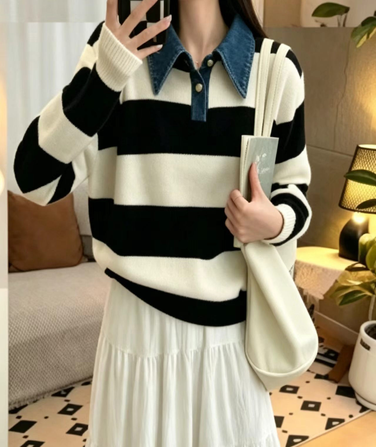 Striped Casual Knit Sweater with Denim Collar