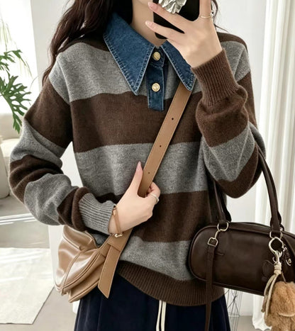 Striped Casual Knit Sweater with Denim Collar