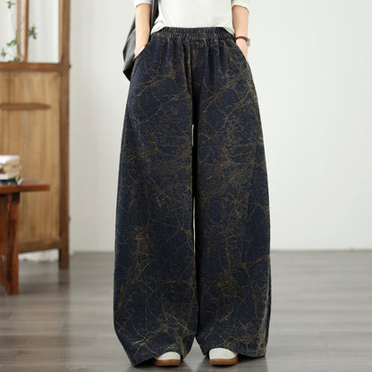 Vintage Dark Denim Wide-Leg Pants | Artistic Crackle Print & Elastic Waist