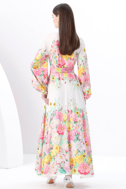 Women's Floral Print Puff Sleeve Button Up Split Maxi Dress