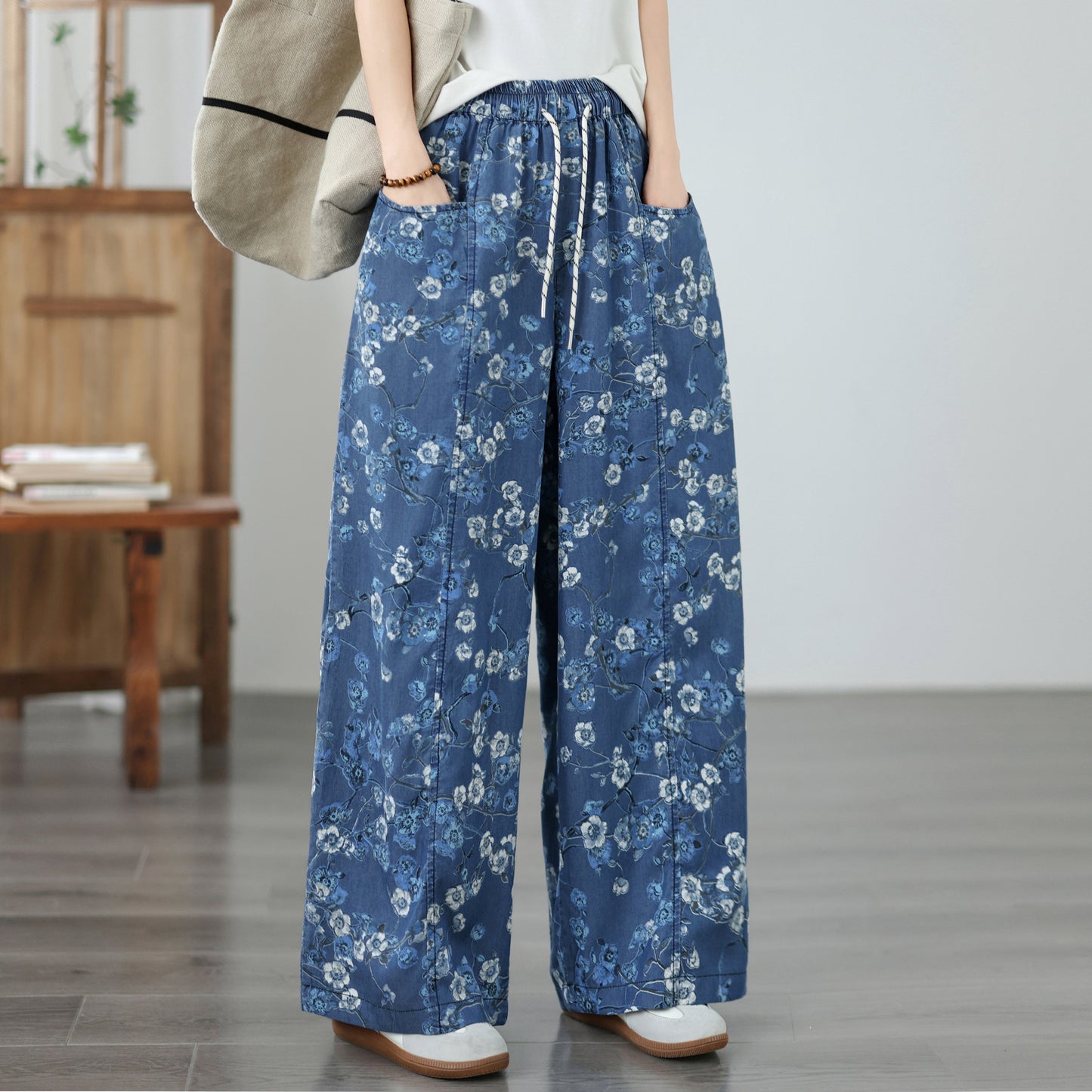 Women's Wide Leg Jeans Lightweight Wasited Elastic Print Y2K Pants - LAI MENG FIVE CATS