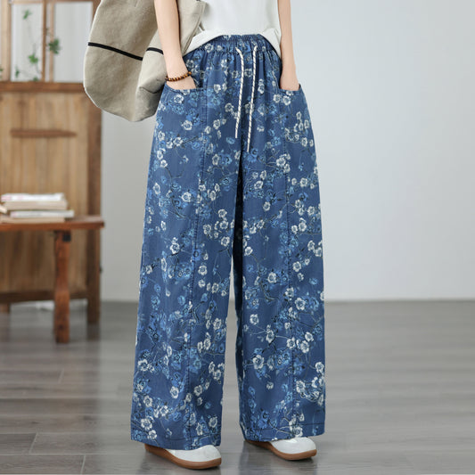 Women's Wide Leg Jeans Lightweight Wasited Elastic Print Y2K Pants - LAI MENG FIVE CATS