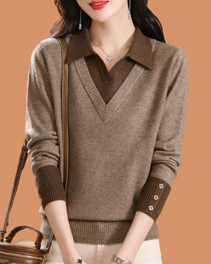 Elegant Layered Knit Sweater with Polo Collar Long Sleeve Knit Pullover - LAI MENG FIVE CATS