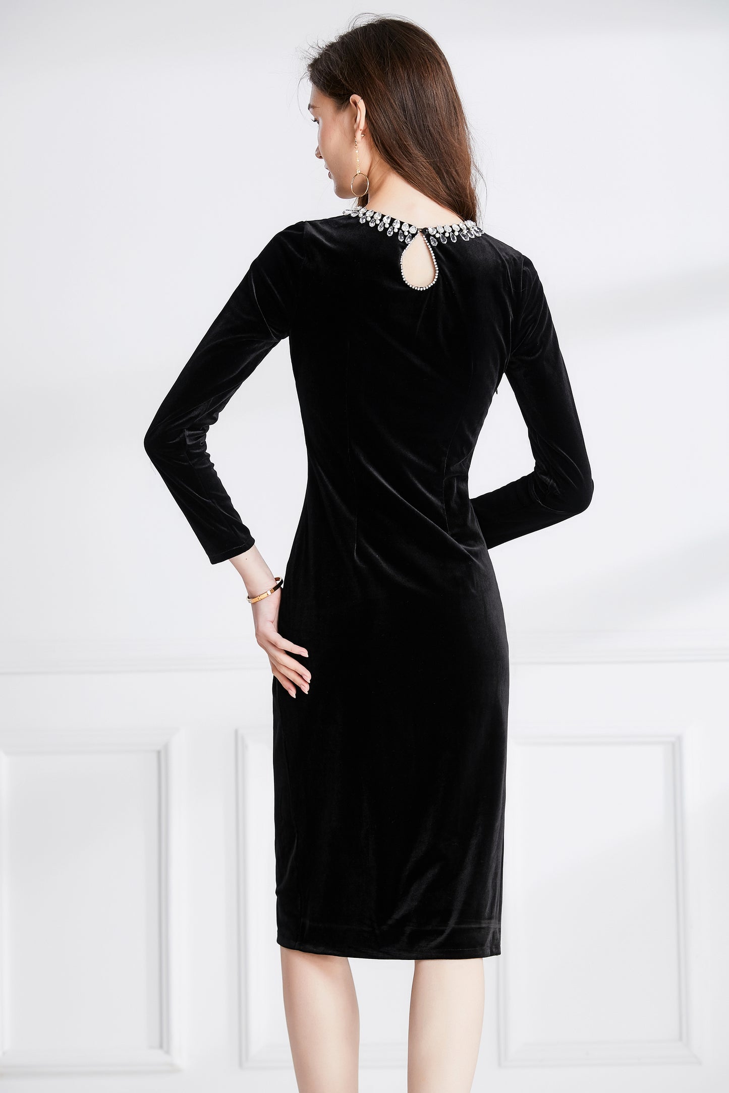 Women's black velvet neckline beaded side slit midi dress