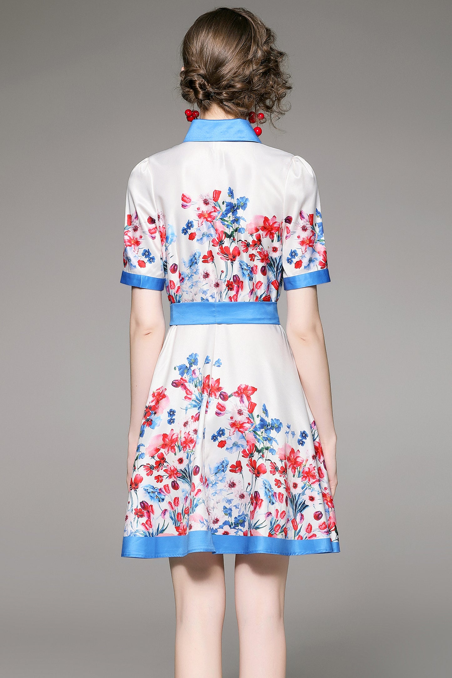 SSY-Women's Floral Lapel Collar Short Sleeve Mini Dress