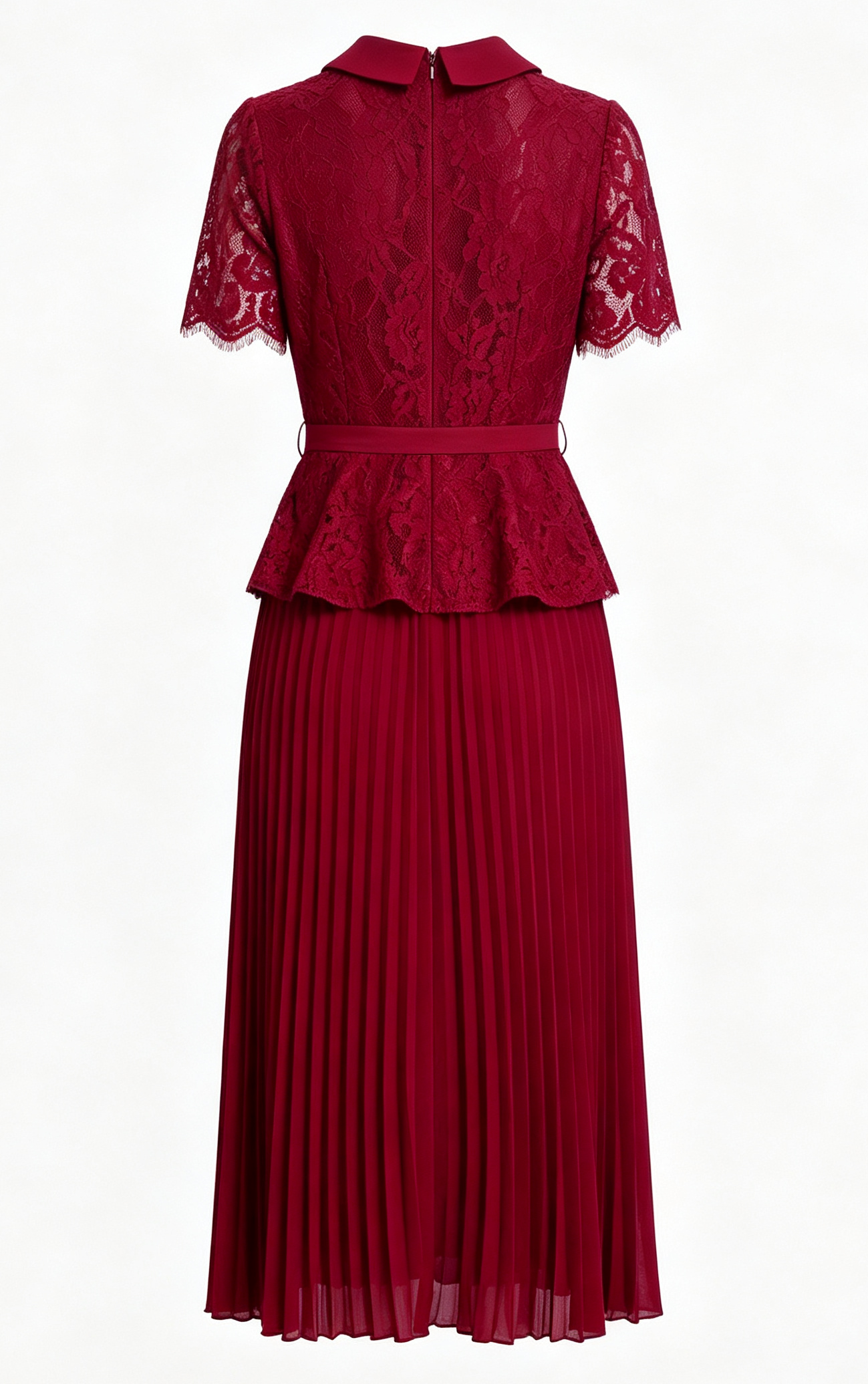 Lace Pleated Midi Dress | Elegant Collared Belted Dress for Women