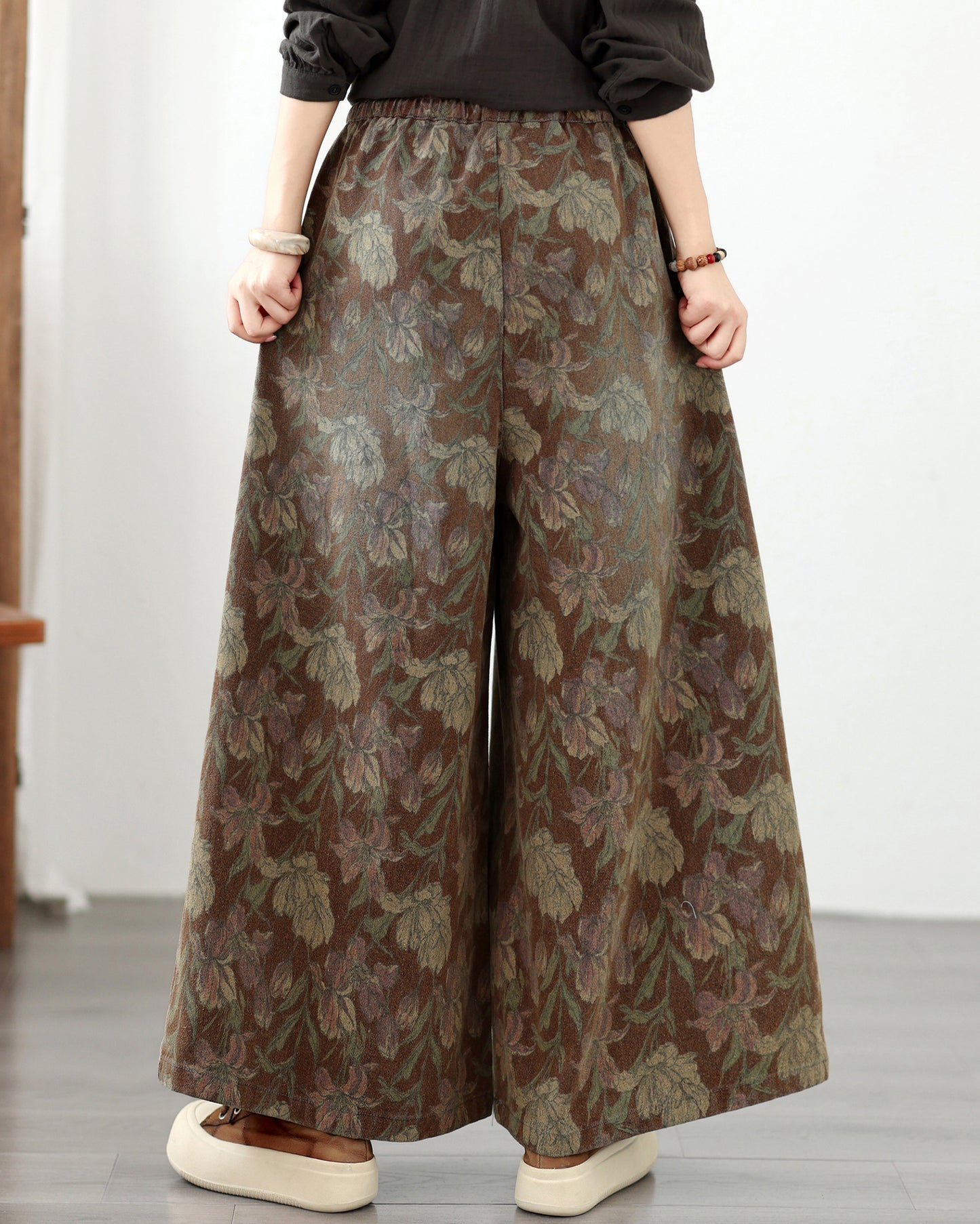 Women's Vintage Floral Print  Drawstring Wide Leg Jeans