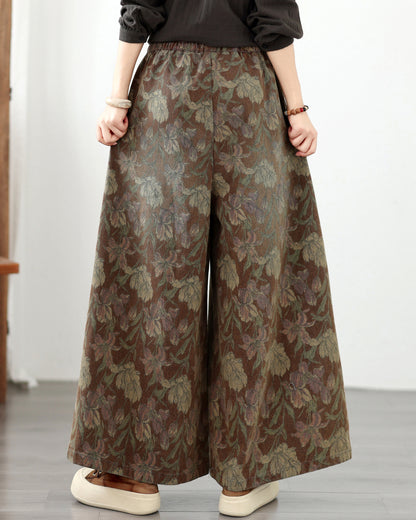 Women's Vintage Floral Print  Drawstring Wide Leg Jeans