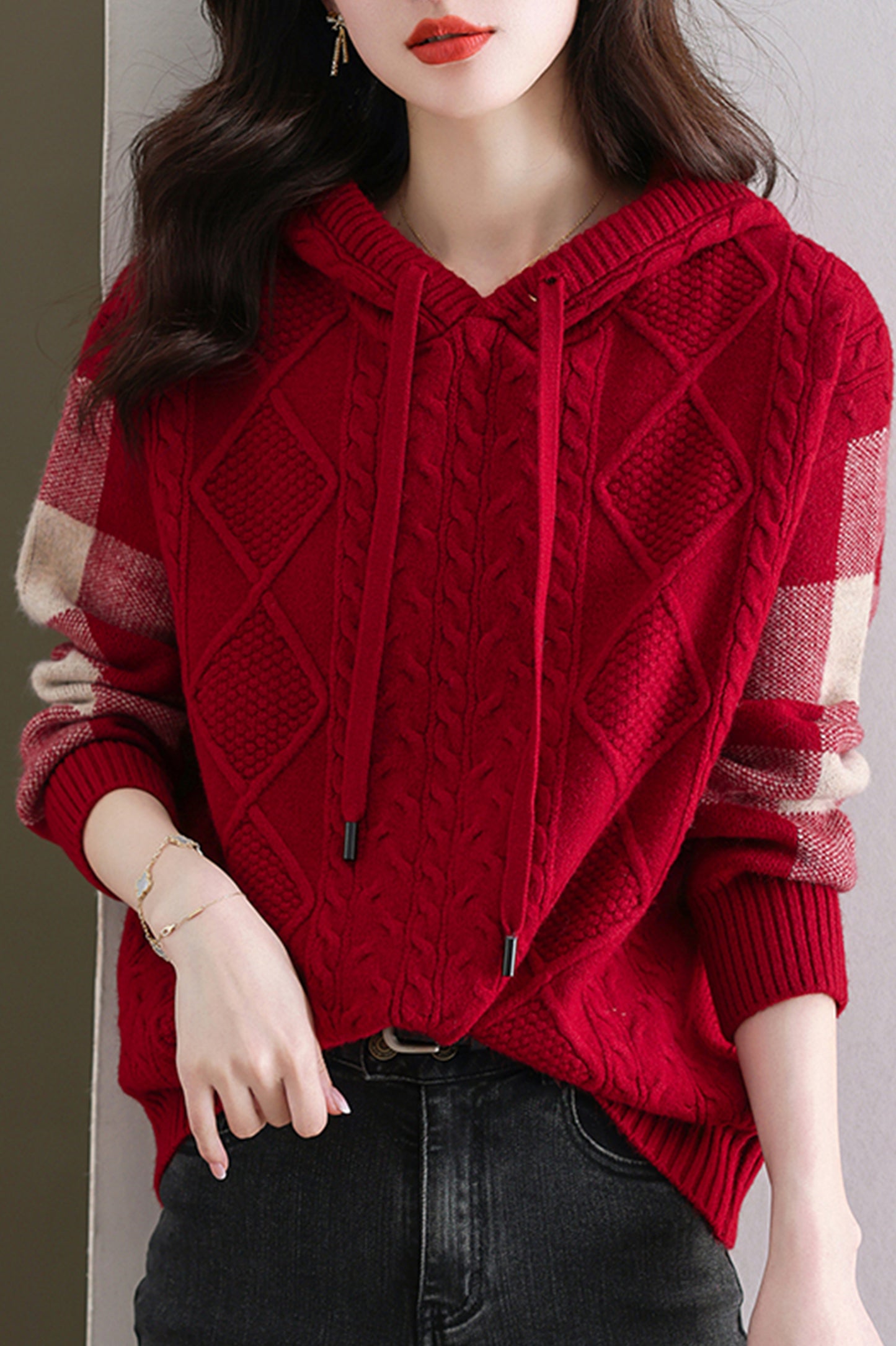 Women's Hoodies Plaid Ribbed Sweater Knit Tops