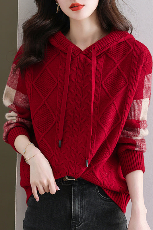 Women's Hoodies Plaid Ribbed Sweater Knit Tops