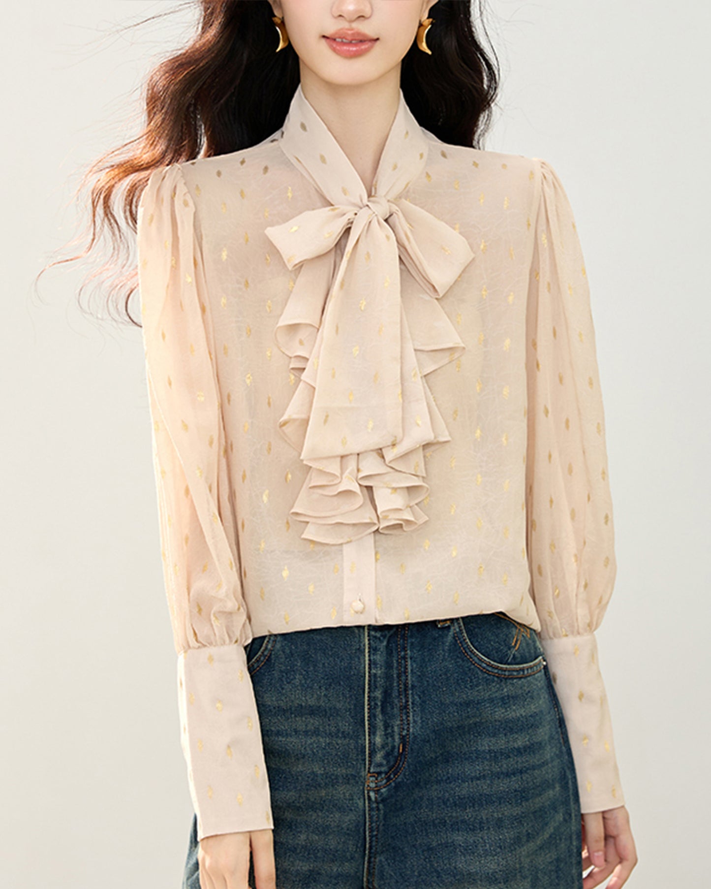 Bow Tie Ruffle Blouse with Metallic Print