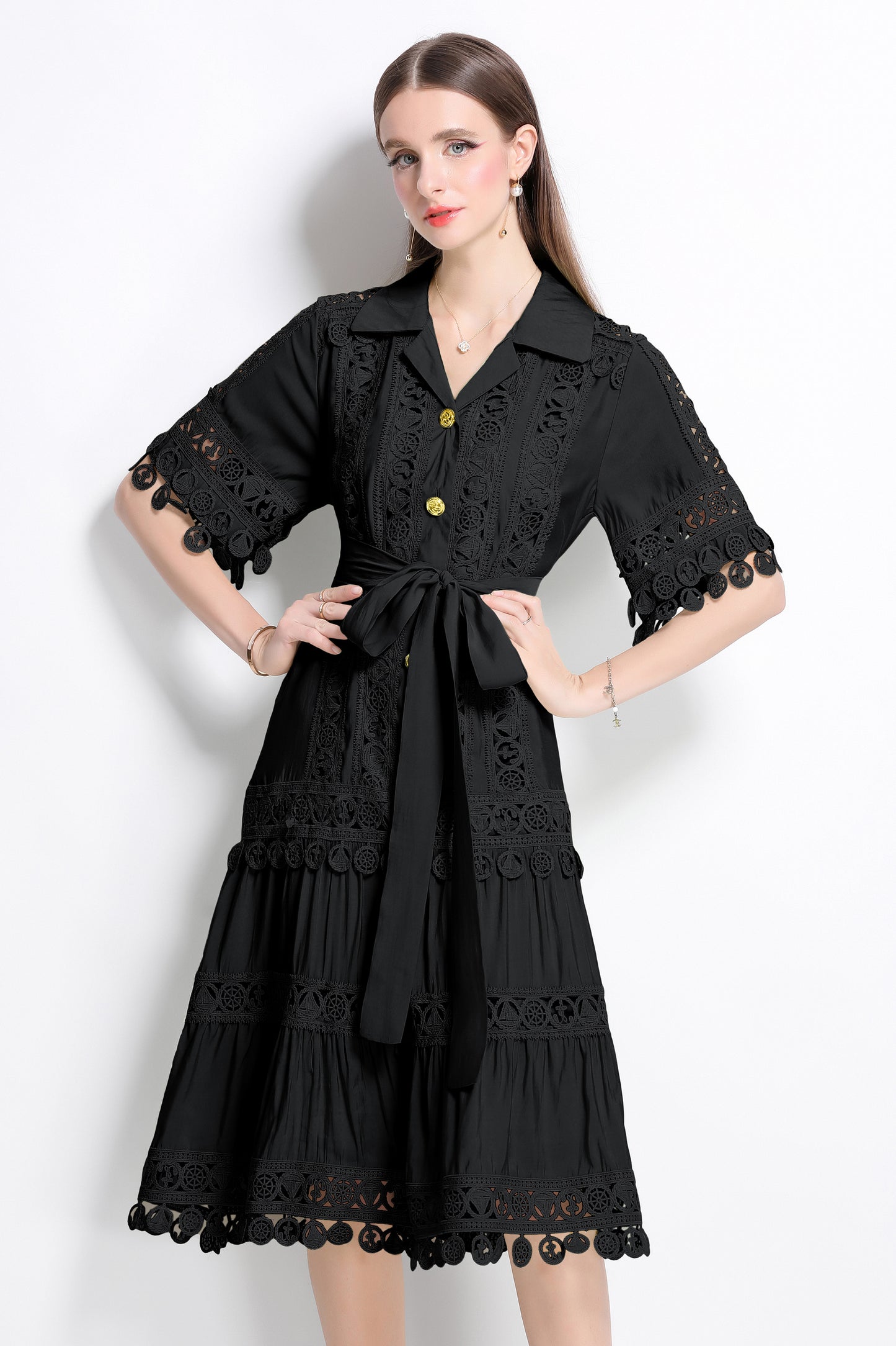 Women's Lace Lapel V-Neck Short Sleeve Midi Dress