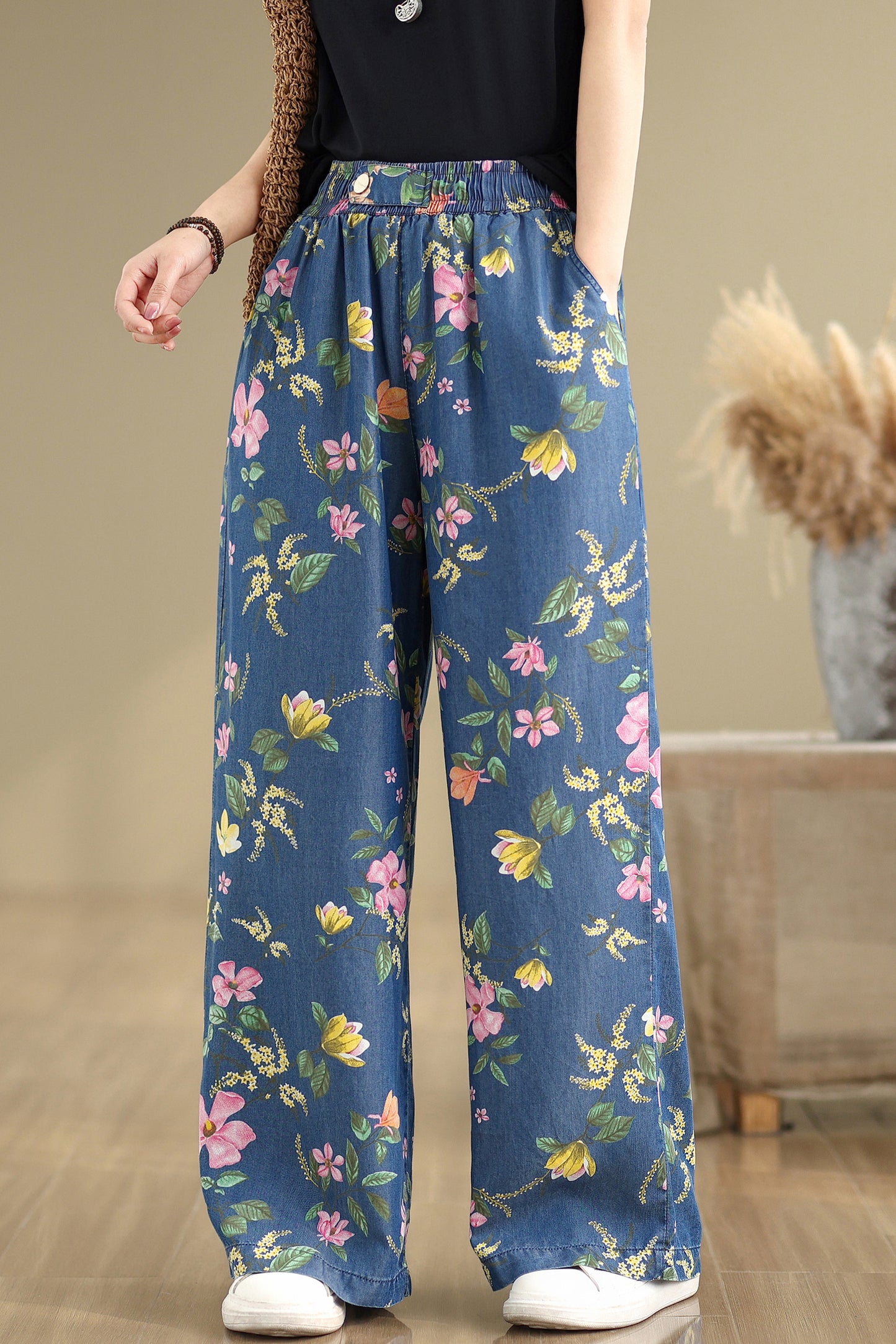 Women's Print Jeans Elastic Waist Wide Leg Pants