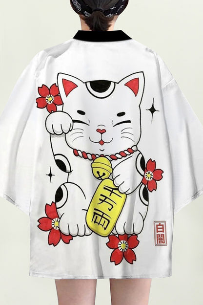 Women's Lucky Cat Cardigan Kimono Cover up Tops