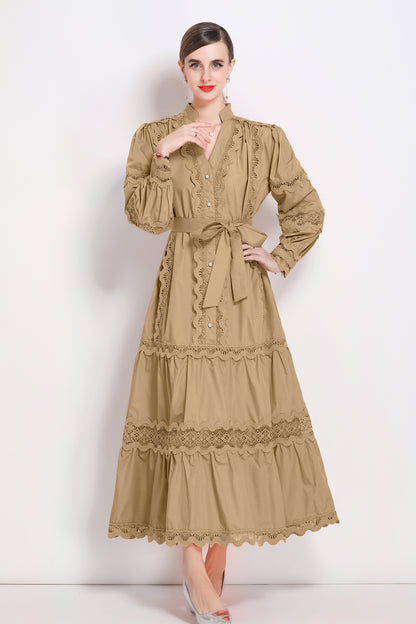 Women's V-Neck Puff Sleeve Lace Tiered Maxi Dress