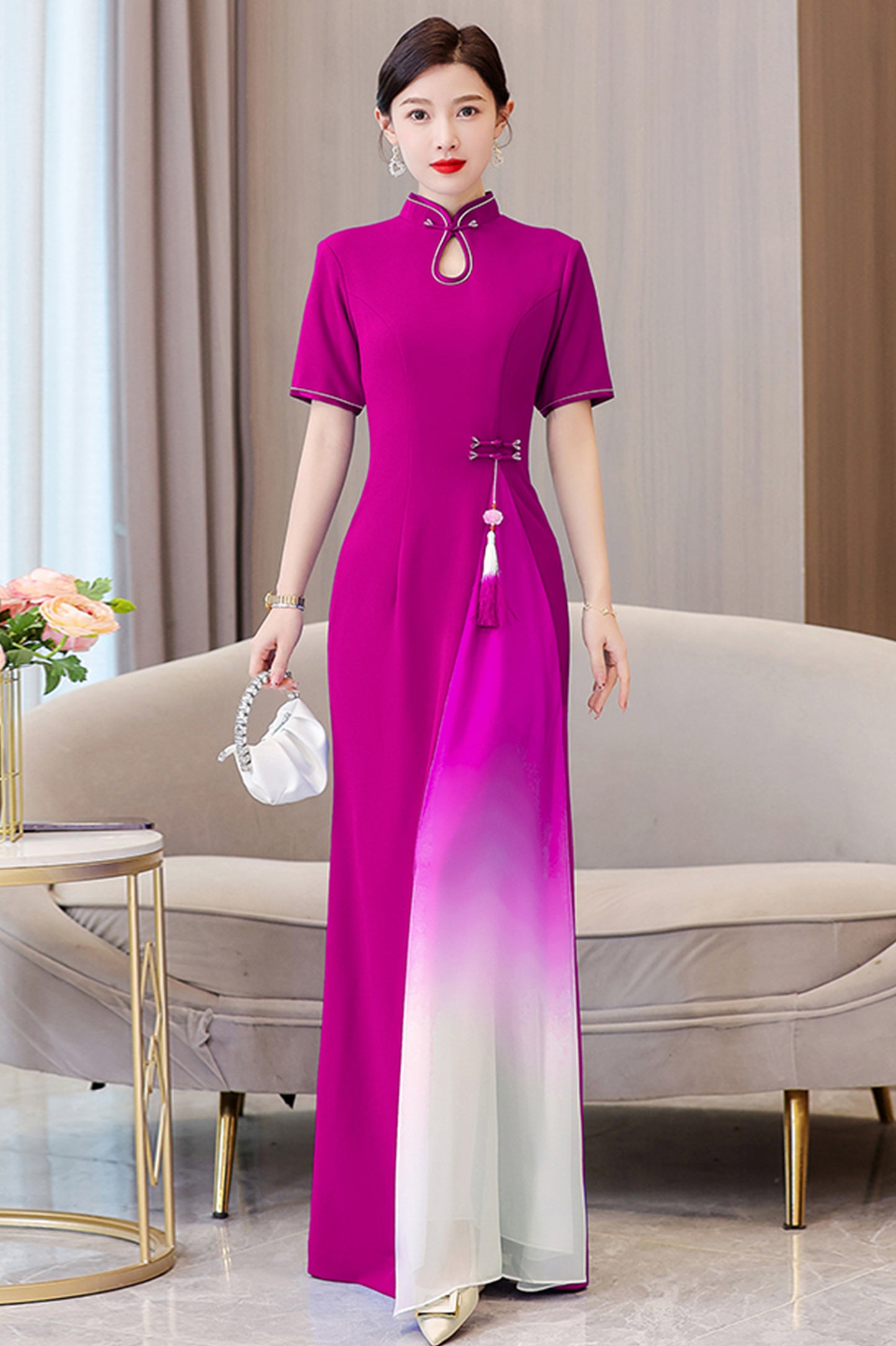 Women's Cheongsam Short Sleeve Qipao Long Dress