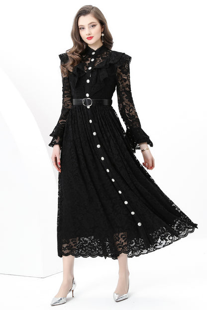 Women's Lace Mandarin Bell Sleeve Ruffles Dress