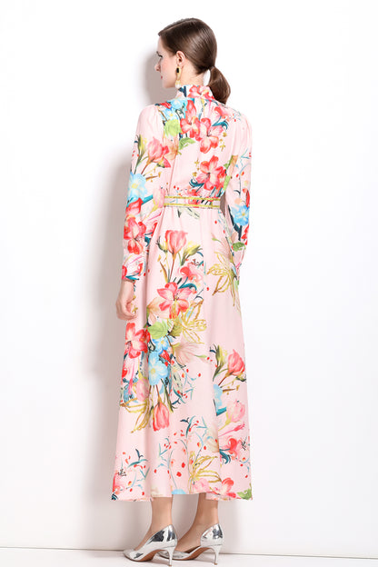 FSY-Women's Floral Print Long Sleeve Button Loose Maxi Dress