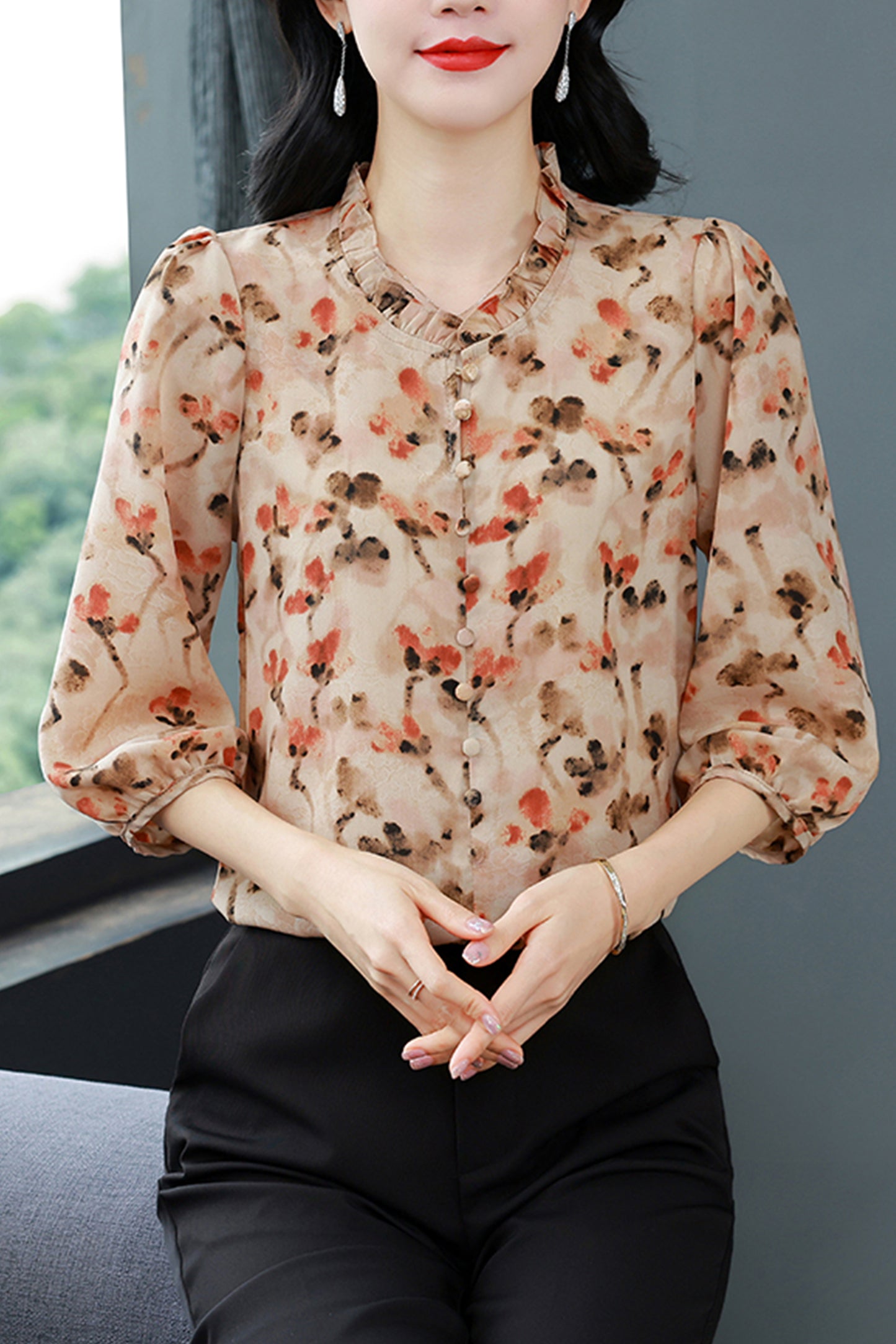 Women's Floral Print Ruffle Button Loose Blouses Top