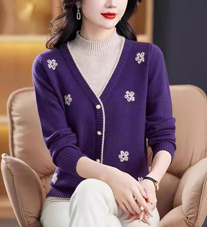 Floral Embroidered V-Neck Knit Sweater Pullover Top Fall Layered