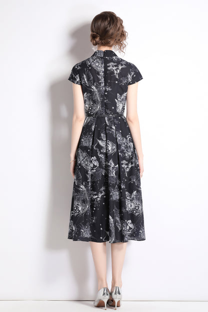 Women's Short Sleeves Printed Buttons Midi Dress