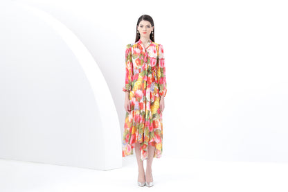 Women's Tie-Neck Foral Print Irregular Hem Midi Dress