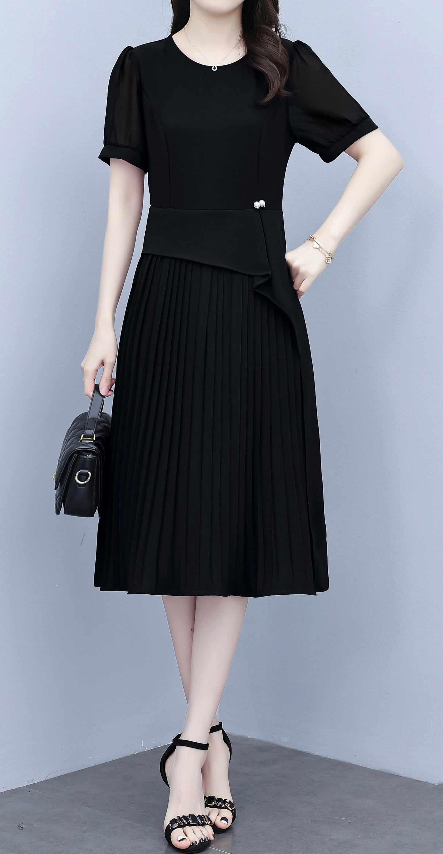 Chiffon Sleeves Pleated Midi Dress