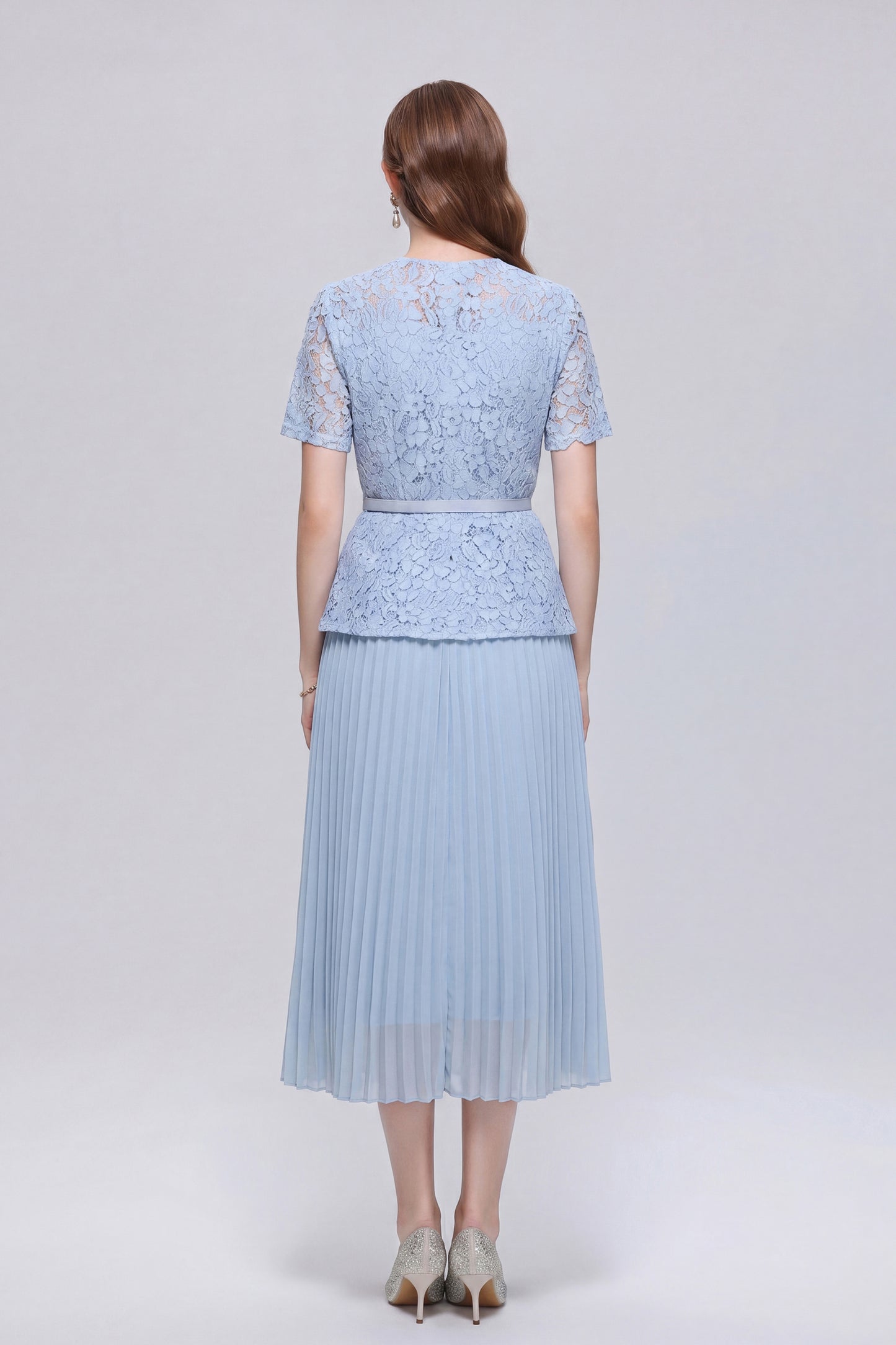 Graceful Square Neck Lace Pleated Button Midi Dress