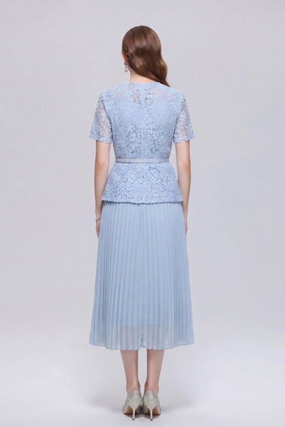 Graceful Square Neck Lace Pleated Button Midi Dress