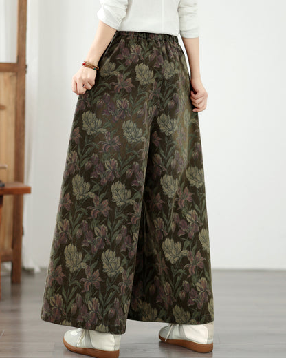 Boho Style Loose Fit Drawstring Floral Wide-Leg Denim Pants