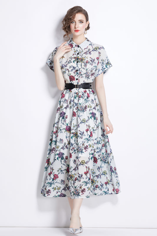 Women's Short Sleeves Collar Printed Midi Dress