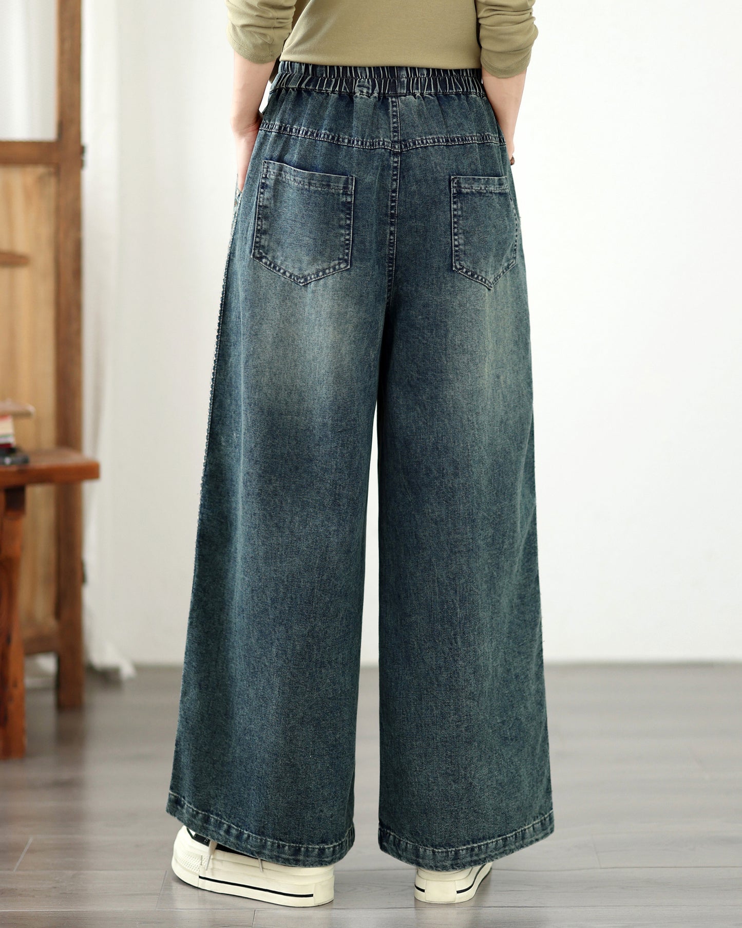 Vintage Embroidered Wide Leg Jeans with Elastic Waist Denim Pants